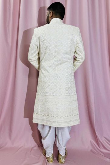 Heavy Embroidered Cream Color Wedding Wear Silk Fabric Designer Readymade Sherwani For Men