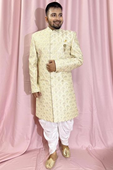 Wedding Wear Silk Fabric Designer Heavy Embroidered Readymade Indo Western For Men