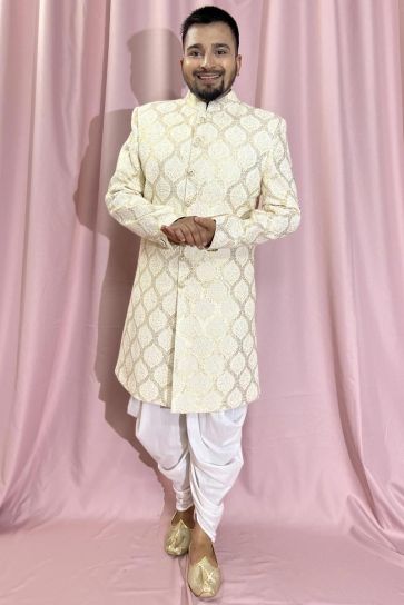 Georgette Fabric Designer Heavy Embroidered Wedding Wear Readymade Indo Western For Men In Cream Color