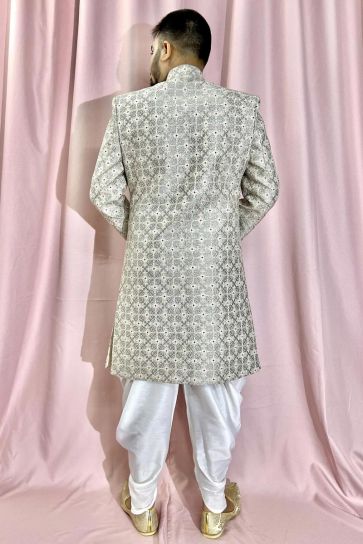 Grey Color Silk Fabric Wedding Wear Readymade Indo Western For Men