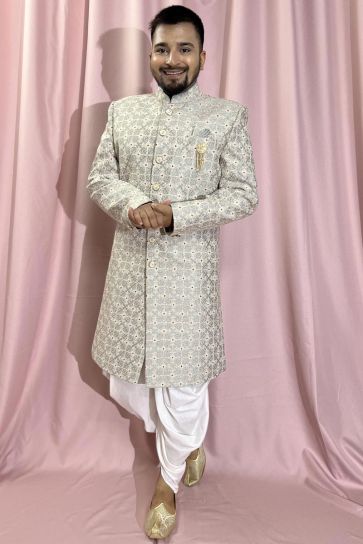 Grey Color Silk Fabric Wedding Wear Readymade Indo Western For Men