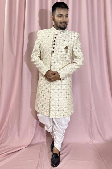 Silk Fabric Cream Color Wedding Wear Readymade Men Stylish Indo Western