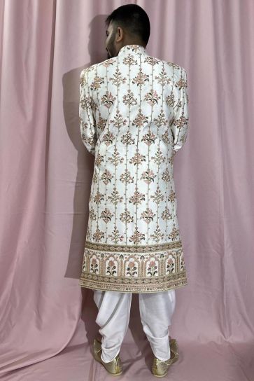 Cream Silk Fabric Wedding Wear Trendy Readymade Sherwani For Men