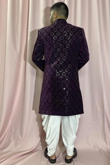 Velvet Purple Color Wedding Wear Readymade Designer Men Indo Western