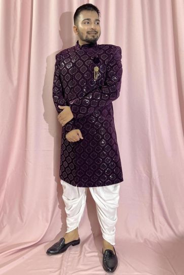 Velvet Purple Color Wedding Wear Readymade Designer Men Indo Western
