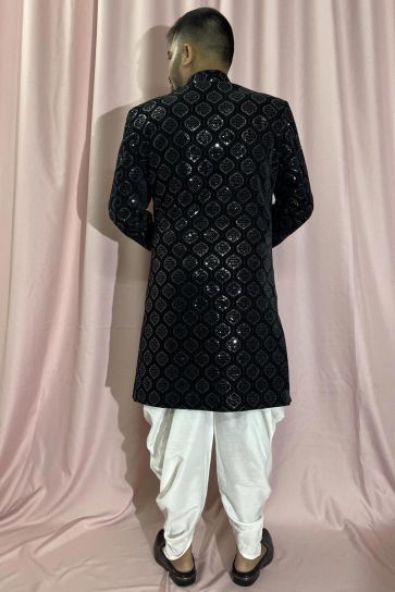 Black Gorgeous Velvet Fabric Wedding Wear Readymade Indo Western For Men