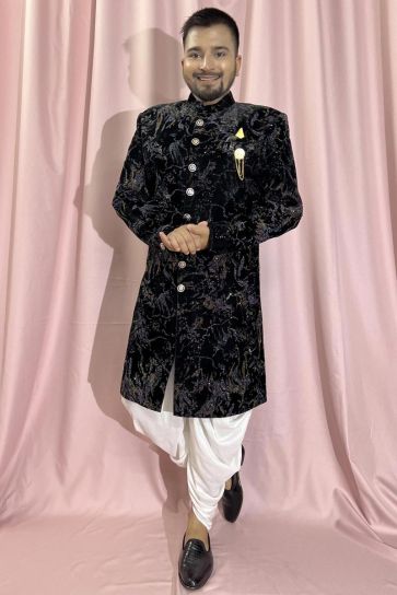 Velvet Stunning Black Color Wedding Wear Readymade Men Indo Western