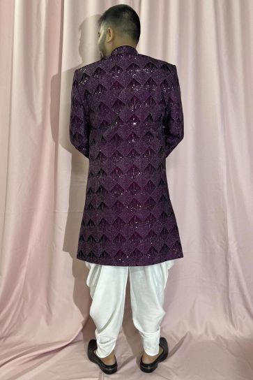 Velvet Purple Wedding Wear Readymade Lovely Indo Western For Men