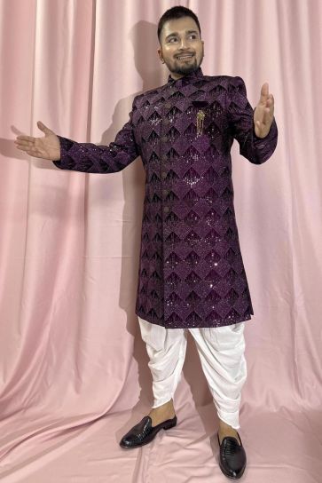 Velvet Purple Wedding Wear Readymade Lovely Indo Western For Men