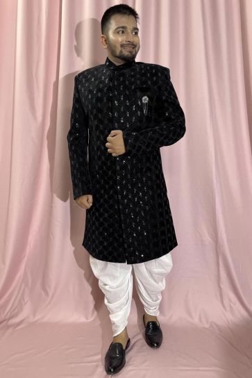 Pretty Velvet Fabric Wedding Wear Readymade Men Indo Western In Black Color