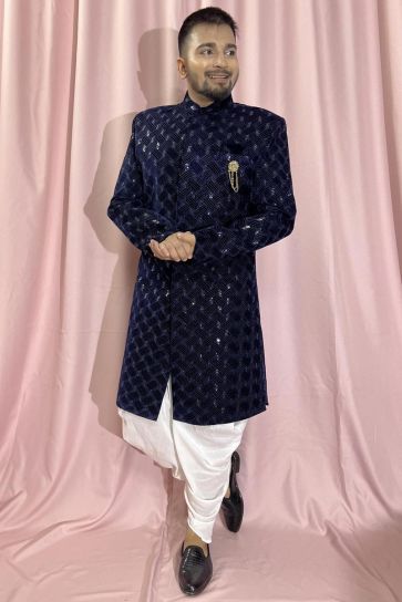 Beautiful Blue Color Wedding Wear Readymade Indo Western For Men In Velvet Fabric