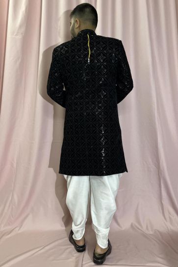 Velvet Wedding Wear Attractive Readymade Men Indo Western In Black Color