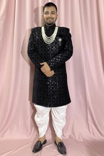 Velvet Wedding Wear Attractive Readymade Men Indo Western In Black Color