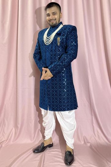 Blue Wedding Wear Readymade Glamorous Indo Western For Men In Velvet Fabric