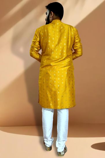 Yellow Art Silk Fabric Readymade Kurta Pyjama For Men