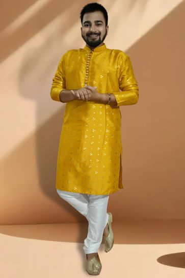 Yellow Art Silk Fabric Readymade Kurta Pyjama For Men