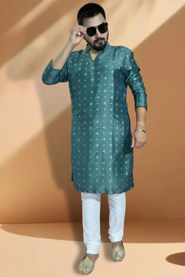 Green Color Art Silk Fabric Fancy Readymade Kurta Pyjama For Men