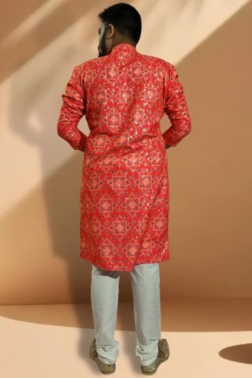 Cotton Fabric Red Color Trendy Readymade Men Kurta Pyjama