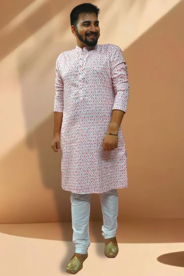 White Color Cotton Fabric Designer Readymade Kurta Pyjama For Men