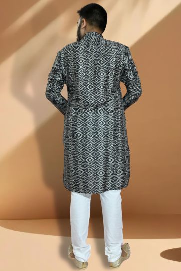Appealing Black Color Jacquard Fabric Readymade Kurta Pyjama For Men