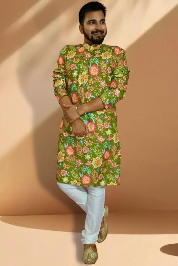 Green Color Gorgeous Cotton Readymade Kurta Pyjama For Men