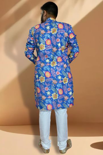 Blue Color Cotton Fabric Striking Readymade Kurta Pyjama For Men