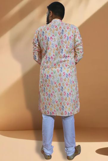 Off White Color Pretty Readymade Kurta Pyjama For Men In Cotton Fabric