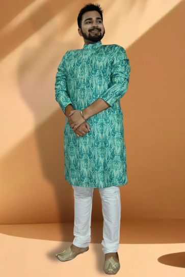 Beautiful Jacquard Fabric Readymade Kurta Pyjama For Men In Sea Green Color