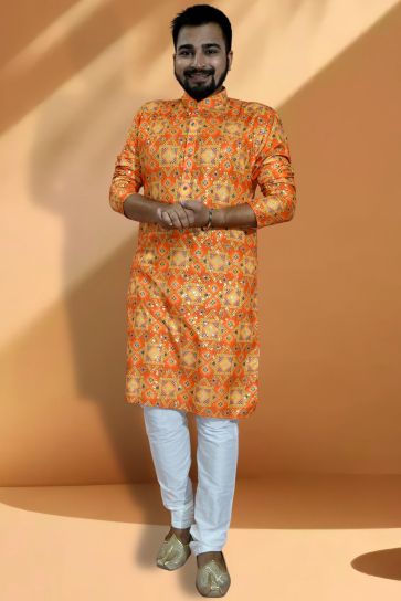 Cotton Fabric Attractive Readymade Kurta Pyjama For Men In Orange Color