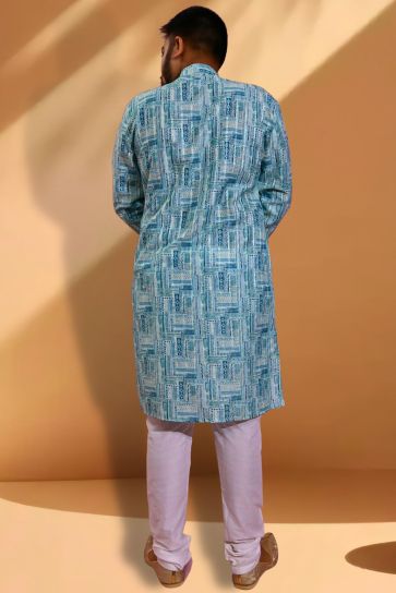 Light Cyan Color Jacquard Fabric Readymade Kurta Pyjama For Men