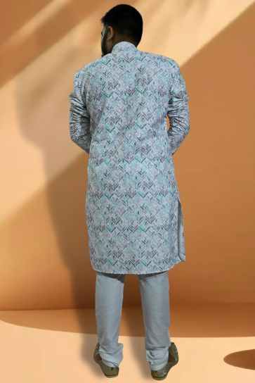 White Cotton Fabric Trendy Readymade Kurta Pyjama For Men