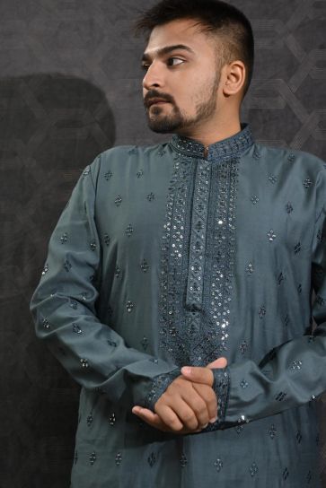 Festive Wear Readymade Lovely Sequins Embroidery Kurta Pyjama For Men