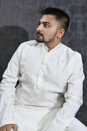 Sequins Embroidery Pretty Cotton Silk Fabric Sangeet Wear Readymade Men Kurta Pyjama In White Color