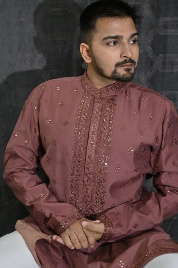 Beautiful Sequins Embroidery Maroon Color Wedding Wear Readymade Kurta Pyjama For Men In Cotton Silk Fabric