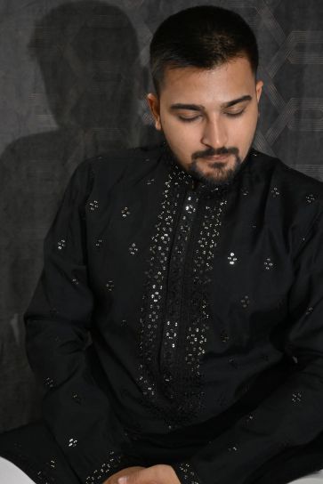 Reception Wear Attractive Sequins Embroidery Readymade Men Kurta Pyjama In Black Color