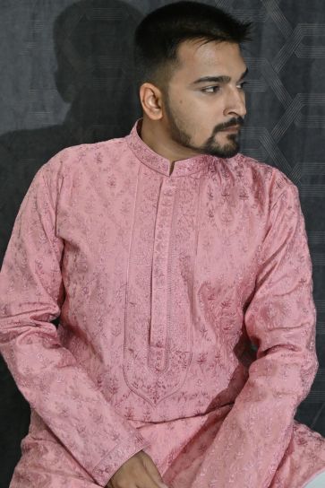 Sequins Embroidery Pink Cotton Silk Graceful Readymade Men Kurta Pyjama For Festive Wear