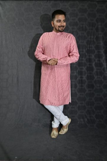 Sequins Embroidery Pink Cotton Silk Graceful Readymade Men Kurta Pyjama For Festive Wear