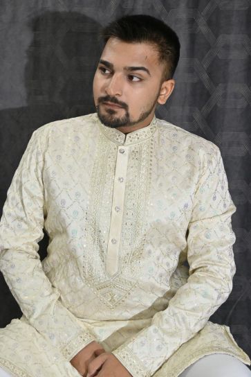 Artistic Readymade Sequins Embroidery Men Kurta Pyjama For Wedding Wear