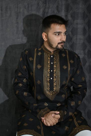 Sequins Embroidery Black Color Reception Wear Readymade Art Silk Fabric Kurta Pyjama For Men