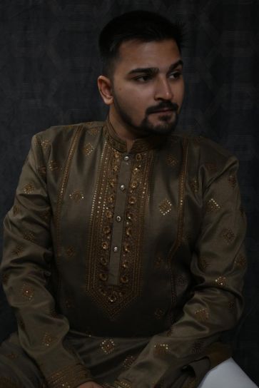 Art Silk Fabric Sequins Embroidery Function Wear Readymade Brown Color Kurta Pyjama For Men