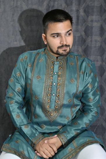 Sequins Embroidery Sangeet Wear Readymade Kurta Pyjama For Men In Art Silk Sea Green Color