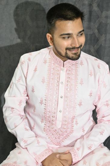 Pink Color Sangeet Wear Art Silk Fabric Sequins Embroidery Designer Readymade Kurta Pyjama For Men