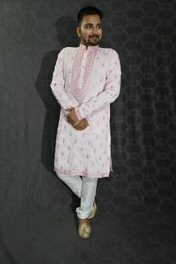 Pink Color Sangeet Wear Art Silk Fabric Sequins Embroidery Designer Readymade Kurta Pyjama For Men