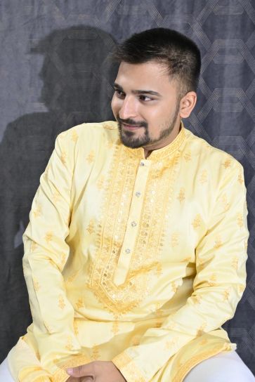 Sequins Embroidery Appealing Yellow Color Art Silk Fabric Function Wear Readymade Kurta Pyjama For Men