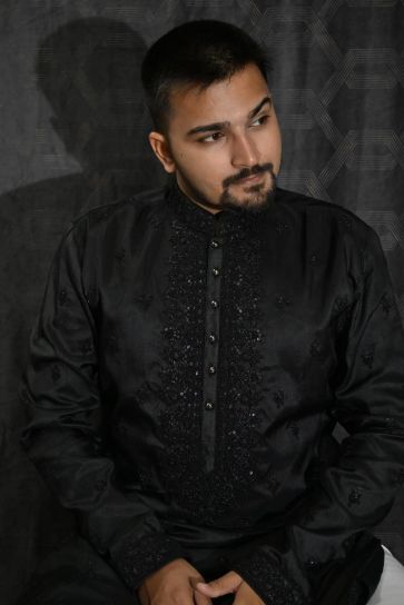 Black Color Sequins Embroidery Engaging Art Silk Fabric Festive Wear Readymade Kurta Pyjama For Men