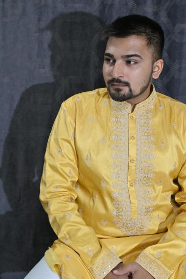 Yellow Color Art Silk Fabric Sequins Embroidery Festive Wear Captivating Readymade Kurta Pyjama For Men