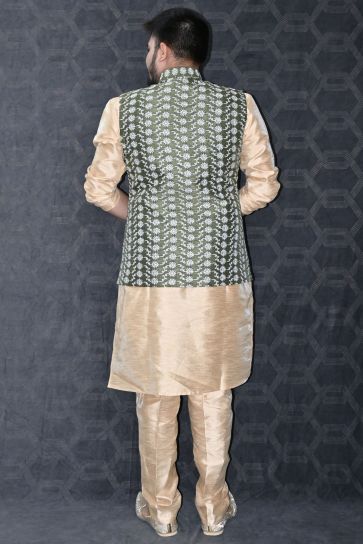 Sangeet Wear Readymade Men Kurta Pyjama With Olive Color Jacket In Art Silk Fabric 
