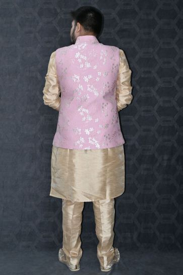 Art Silk Fabric Festive Wear Readymade Men Stylish Kurta Pyjama With Pink Color Jacket set 