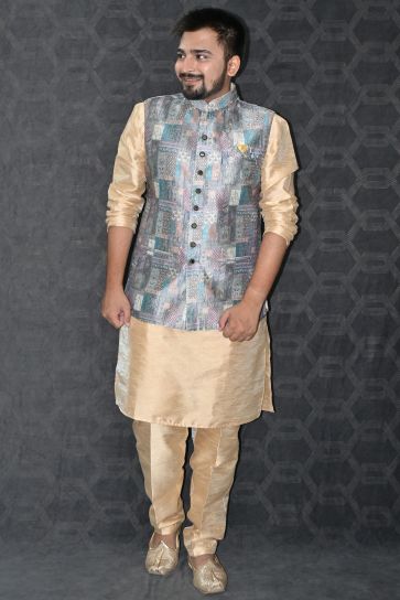 Art Silk Fabric Sangeet Wear Trendy Readymade Kurta Pyjama For Men With Grey Color Jacket Set