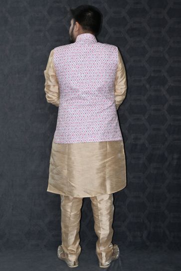 Art Silk Wedding Wear Readymade Designer Men Kurta Pyjama With Pink Color Jacket